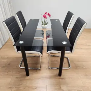 Dining Table Set of 4 Black Clear Table and Faux Leather Padded Chrome Black White Kitchen Chairs Dining Sets