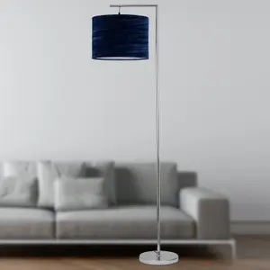 First Choice Lighting Chrome Angled Floor Lamp with Navy Blue Crushed Velvet Shade