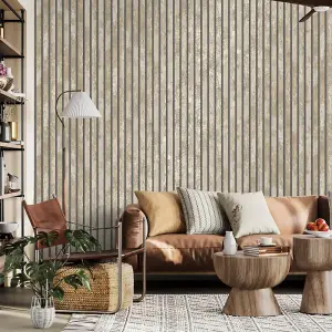 Fine Decor Carbon Oxidize Natural Wallpaper Wood Panel Metallic Feature Wall