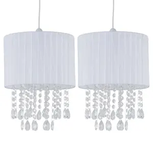 First Choice Lighting Set of 2 Voile 25cm Jewelled White Ribbon Pendant Shades