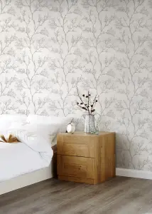 GoodHome Drave White Tree Glitter effect Textured Wallpaper