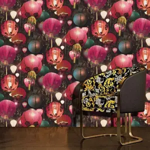 Arthouse Tian Japanese Multi Coloured Lanterns Pink Textured Vinyl Wallpaper