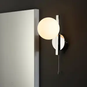 Chrome Contemporary Bathroom Wall Light & Opal Sphere Glass Shade IP44 Rated