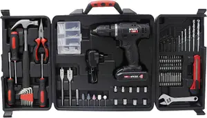 MYLEK 18V Cordless Li-ion Drill And 130 Piece DIY  Home Kit With Carry Case