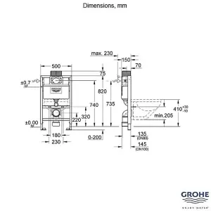 GROHE 38526 Rapid SL 3 in 1 WC Set - 0.82m Concealed Frame ,Cistern, Cosmo Plate