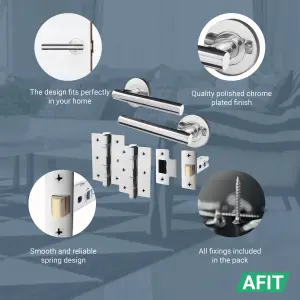 AFIT Polished Chrome Door Handle Latch Set, Pack of 6 Round T Bar Internal Door Handles, Latch (64mm), Hinges (76mm) Olvera Range