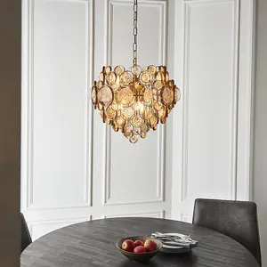 Luminosa Carbonia 6 Light Ceiling Pendant Antique Gold Paint, Clear & Amber Glass