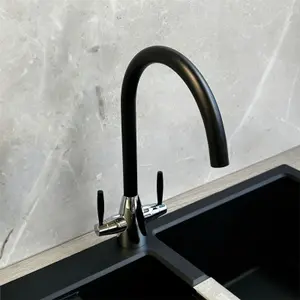 Liquida LC02BL Swan Neck Twin Lever Chrome and Black Kitchen Mixer Tap