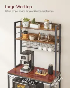 VASAGLE Kitchen Storage Rack with Power Outlet, Coffee Bar, Baker's Rack, with Wire Panel, Hooks, Rustic Brown and Ink Black