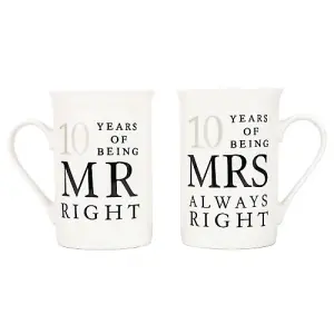 Ivory White 10th Anniversary Mr Right & Mrs Always Right Ceramic Mug Gift Set