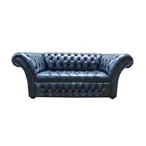 Chesterfield 2 Seater Buttoned Seat Sofa Antique Blue Leather DBB In Balmoral Style