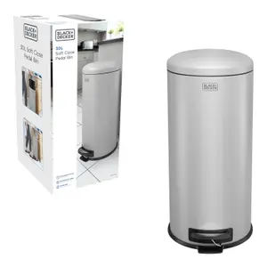 BLACK + DECKER 30 Litre Dome Kitchen Indoor Rubbish and Waste Pedal Bin with Soft Close Lid/Steel (Grey) 61129