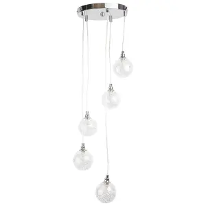 First Choice Lighting Globe Chrome Clear Wire Detailed Glass 5 Light Ceiling Pendant Light