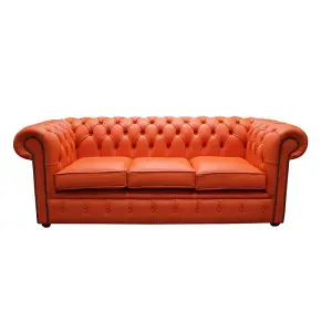 Chesterfield 3 Seater Shelly Flamenco Orange Real Leather Sofa Bespoke In Classic Style