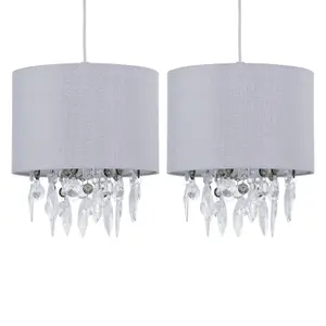 First Choice Lighting Set of 2 Fiji Grey Linen with Silver Fleck Detail Jewelled Pendant Shades