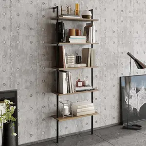 Iker 174cm H x 60cm W Stainless Steel Ladder Bookcase Black/Oak