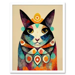 Boho Abstract Modern Shaman Guru Cat - Painting White Framed Paper / 25.9cm H x 20.6cm W