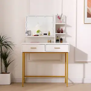 White Dressing Table Gold Legs Female Vanity Desk with LED Lights, Make Up Desk