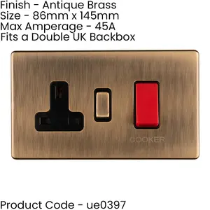 2 PACK 2 Gang Double SCREWLESS 45A Cooker Switch & 13A UK Socket ANTIQUE BRASS