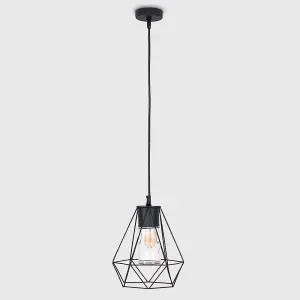 ValueLights Diablo IP44 Rated Gloss Black Ceiling Bathroom Light Pendant with Metal Basket and Clear Glass Shade