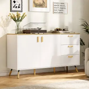 140 x 40 x 78cm Multi-Use Storage Cabinet with Solid Wood Top Double Doors and 3 Drawers in White