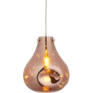 Hanging Ceiling Pendant Light - Large Copper Metallic Glass & Chrome Plate - 10W LED E27