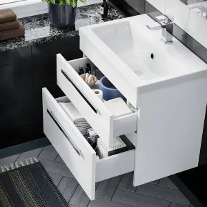 Nes Home Nanuya 600mm Gloss White Wall Hung 2 Drawer Vanity Cabinet & Ceramic Basin Sink