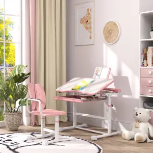 AIYAPLAY Height Adjustable Kids Desk and Chair Set w/ Tilted Desktop - Pink