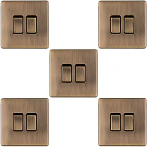 5 PACK 2 Gang Double Light Switch SCREWLESS ANTIQUE BRASS 2 Way 10A Slim Rocker