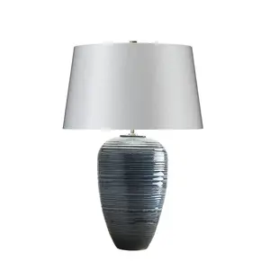 Table Lamp Polished Nickel Accents Silver Faux Silk Shade Blue Glaze LED E27 60W