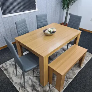 Dining Table and 4 Chairs With Bench Oak Effect Wood 4 Grey Leather Chairs Dining Room