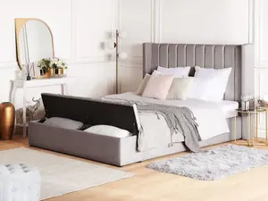 Velvet EU King Size Bed with Storage Bench Grey NOYERS