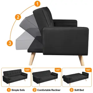 Yaheetech Black Fabric Upholstered 3 Seater Convertible Sofa Bed with Armrests and 2 Bolster Pillows