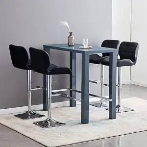 Jam Rectanuglar Glass Grey Bar Table With 4 Candid Black Stools