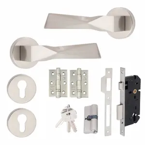 1 Set Aura Design Euro Lock Complete Door Handle Set 70mm Barrell Key Satin Nickel Finish