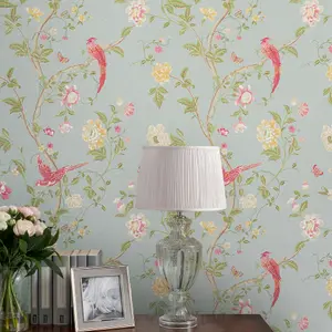 Laura Ashley Summer Duck egg Floral Smooth Wallpaper Sample