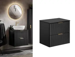 Bathroom Vanity Unit 600mm Countertop Ribbed Textured Black Modern Wall Hung Cabinet with Drawers Adel