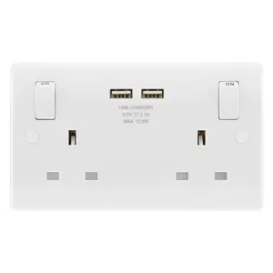 LAP White Double 13A Raised slim Switched Screwed Socket with USB, x2 & White inserts