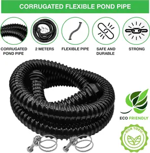 Premium Corrugated Flexible Hose Pond Pipe Set 25mm / 1inch-  2-meter with 2 Double-Wired Hose Clips and 2 Heavy Duty Plastic Butt