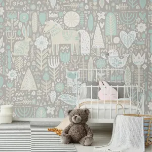 Origin Murals Scandi Forest Animals Grey Matt Smooth Paste the Wall Mural 300cm wide x 240cm high