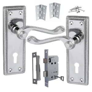 Georgian Roped Door Handle Chrome, Lock Door Handles Lever Lock Set Hinges Pack