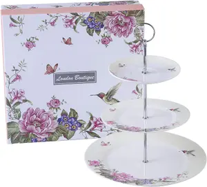 London Boutique 3 Tiered Cake Stands Afternoon tea Porcelain Bird Rose Butterfly in gift box (Beige)