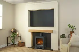 Acantha Pre-Built Stove Media Wall 2 with TV Recess & Lunar Electric Stove in Charcoal Grey