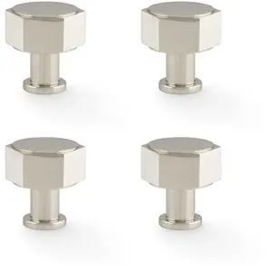 4 PACK - Industrial Hex Cabinet Door Knob - 33mm Polished Nickel Cupboard Pull Handle