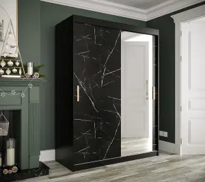 Elegant Black Geneva T2 Sliding Door Wardrobe W1500mm H2000mm D620mm - Mirrored Door, Gold Handles, Ample Storage