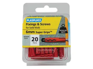 Plasplugs Solid Wall Super Grips Fixings Red & Screws Pack of 20