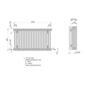 Acova Raw metal 4 Column Radiator, (W)1226mm x (H)600mm