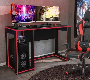 Ryker Gaming Desk Office Computer Table Workstation Black  Red Trim Gamer Tower Shelf