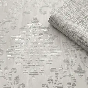 Muriva Silver Damask Metallic effect Embossed Wallpaper