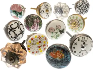 MangoTreeKnobs - Mixed Set of Shabby Chic Vintage Style Ceramic Cupboard Knobs x Pack 12 (MG-261)